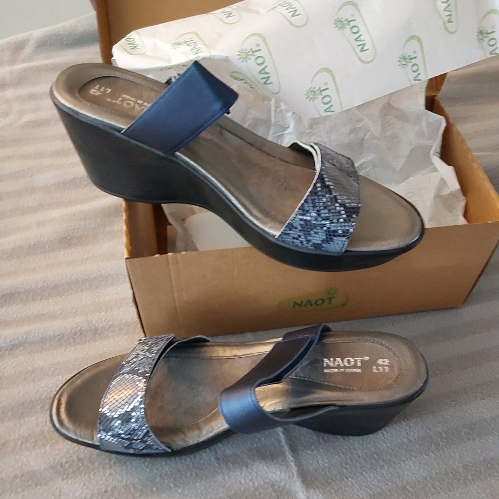 Naot Blue and Black Wedge Shoes with Cushioned Footbed